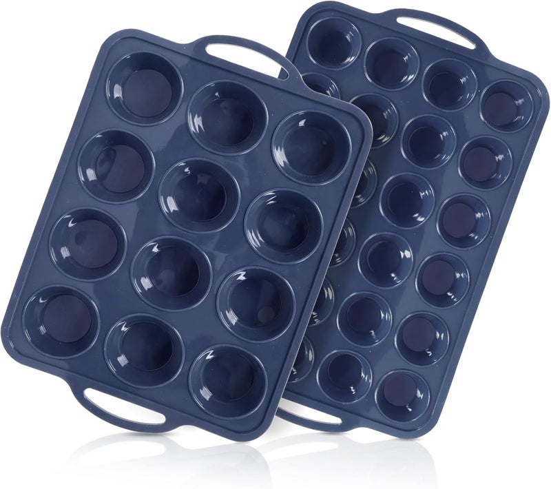 Vnray 2 Pack Silicone Muffin Pan 12 and 24 Cup with Metal Frame,Non Stick Silicone Mini Cupcake Pan with Handles, BPA Free Silicon Regular Muffin Tin Tray Small for baking, egg bites, Mold Grey - Image 1